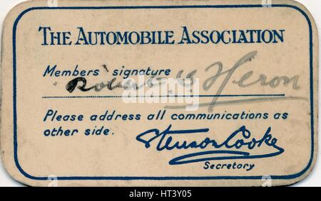 "L'Automobile Association: Membership card", 1936. Artista: sconosciuto. Foto Stock