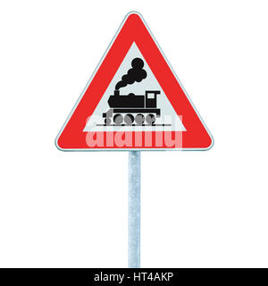 Ferrovia passaggio a livello strada segno senza barriera o porta avanti la strada, guardatevi del treno di segnaletica stradale, cartello stradale in pole Foto Stock