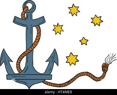 Lo stile di disegno illustrativo di un ancoraggio, un dispositivo, realizzato in metallo, utilizzato per collegare un recipiente a letto del mare per impedire il mestiere da drifting, avvolte Illustrazione Vettoriale