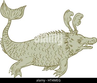 Disegno stile sketch illustrazione di un antico mare mostri, esseri marini dal folklore creduto ad abitare nel mare e spesso immaginato di imm Illustrazione Vettoriale