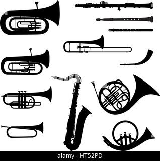 Strumenti di musica vector set. strumento musicale silhouette su sfondo bianco. Illustrazione Vettoriale