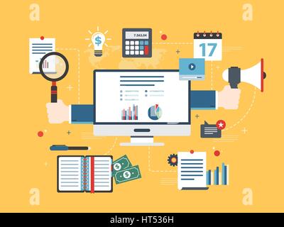 Design piatto illustrazione vettoriale nozione di investimenti finanziari, analytics con rapporto di crescita. Calcoli e diagrammi dei guadagni sul mercato azionario di un Illustrazione Vettoriale