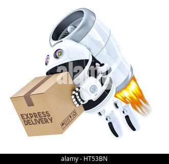 Consegna a razzo robot battenti con il pacchetto. Isolato su bianco. Contiene il percorso di clipping Foto Stock