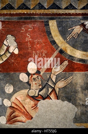 Maestro di Boi. La lapidazione di Santo Stefano di Boi, ca.1100. Dettaglio. Romanico. Affresco trasportato su tela. Dalla Chiesa Parrocchiale di San Joan de Boi (San Giovanni di Boi), Catalogna, Spagna. Museo d'Arte Nazionale della Catalogna. Barcellona. La Catalogna. Spagna. Foto Stock