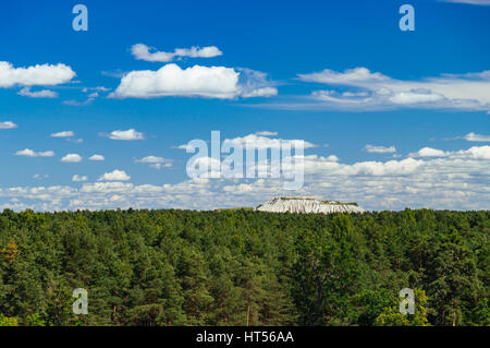 Splendida cloudscape oltre la foresta di conifere. Cava Rummu sull orizzonte, Estonia Foto Stock