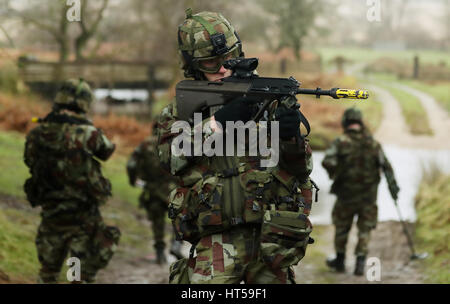 Membri del 55th Gruppo di fanteria prendere parte alla fase finale della formazione in Glen of Imaal, precedendo di distribuzione per la missione di mantenimento della pace in alture del Golan ai primi di aprile. Foto Stock