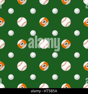 Vector colorato design piatto baseball golf Biliardo vari sport palle sfondo verde deco pattern senza giunture Illustrazione Vettoriale