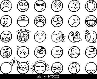 Impostare02 di icone smiley scarabocchi disegni in bianco e nero Illustrazione Vettoriale
