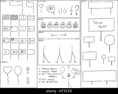 Vettore di Cartoon doodle stickman la creazione del personaggio impostato con bandiera o firmare Illustrazione Vettoriale
