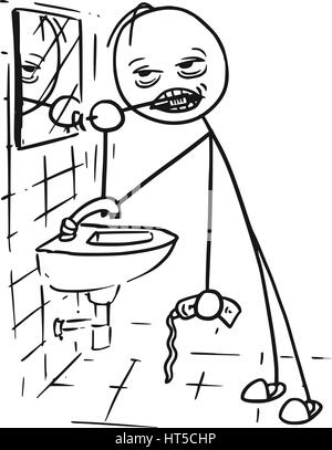 Vettore di Cartoon stickman pulendo il suo dente in bagno di fronte allo specchio. Molto stanchi o malati o bevuto. Illustrazione Vettoriale