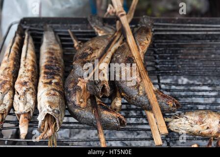 Spiedini di pesce la cottura alla griglia sui carboni ardenti a Phnom Penh mercato Foto Stock