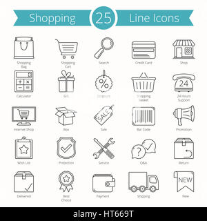 Set di 25 shopping o e-commerce le icone della linea, vettoriale EPS10 illustrazione Foto Stock