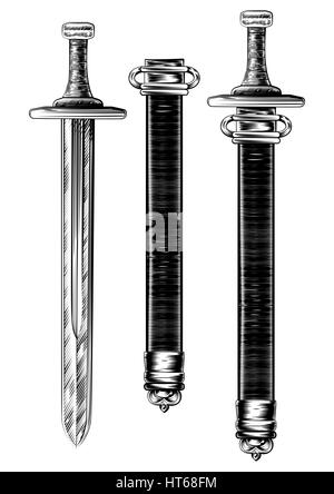 Una spada e fodero in un vintage incisi xilografia stile di attacco Foto Stock