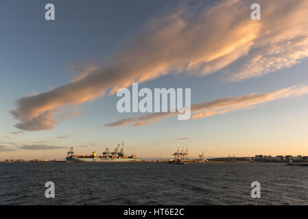 Porto di Aarhus, Maersk Line nave container essendo iunloaded, Europea città culturale nel 2017, Nord dello Jutland, Danimarca Foto Stock