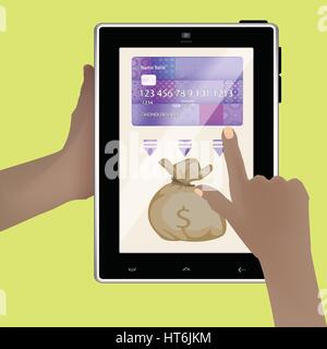 Il concetto di accumulo di un deposito di denaro. Smart tablet Sfondo carta di credito denaro realistico con abstract disegno geometrico, isolato su verde Illustrazione Vettoriale