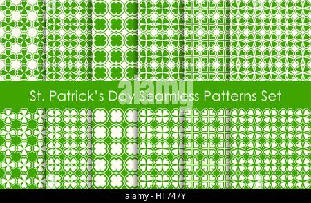 Il giorno di San Patrizio Holiday seamless pattern impostato. Tradizionale shamrock lucky simbolo. Verde trifoglio quattro-foglia. Quadrifoglio celebrazione irlandese segno. Scrapbook Illustrazione Vettoriale