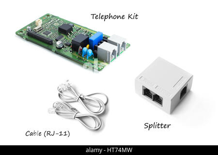 Kit di telefono o di fax kit con splitter e cavo telefonico (RJ-11) Foto Stock