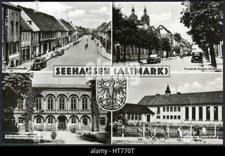 Germania - circa 1969: una cartolina A Stampato in Germania, mostra i punti di riferimento di Seehausen (Altmark), circa 1969 Foto Stock