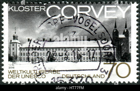 Germania - circa 2016: un timbro stampato in Germania, mostra una Abbazia imperiale di Corvey (Patrimonio Mondiale UNESCO), circa 2016 Foto Stock