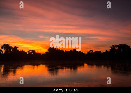 Sunrise colorate sul fiume Cuiaba nella regione di Pantanal del Mato Grosso, Brasile, Sud America Foto Stock