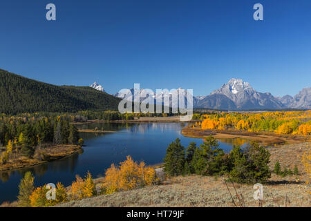 Mt Moran (12605 elev ft) da Ox Bow Bend, Grand Teton National Park, WY, STATI UNITI D'AMERICA Foto Stock