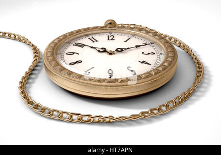 Un primo piano di un intricato oro antico orologio da tasca attaccato a una catena su un isolato bianco di sfondo per studio - 3D render Foto Stock