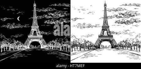 Notte e giorno Paesaggio con torre Eiffel in bianco e nero i colori del disegno a mano illustrazione Illustrazione Vettoriale