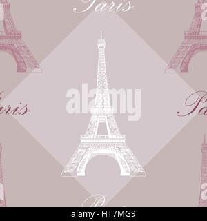 Vettore di Seamless pattern con bianco e rosa torre Eiffel su grigio e sfondo viola Illustrazione Vettoriale