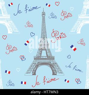 Vettore di Seamless pattern con disegno a mano di colore bianco e grigio torre Eiffel, iscrizioni su sfondo blu Illustrazione Vettoriale