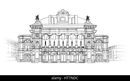 Opera di stato di vienna casa, Austria. Teatro Wien Wiener Staatsoper edificio isolato. piano architetturale sketch. Illustrazione Vettoriale