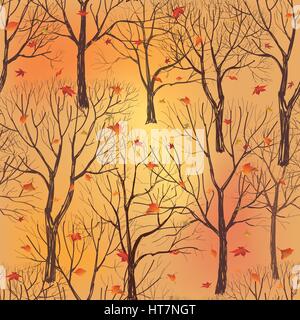 Natura seamless pattern. foresta sfondo piastrellato. alberi e uccelli selvatici illustrazione vettoriale. floral nero e sfondo bianco Illustrazione Vettoriale