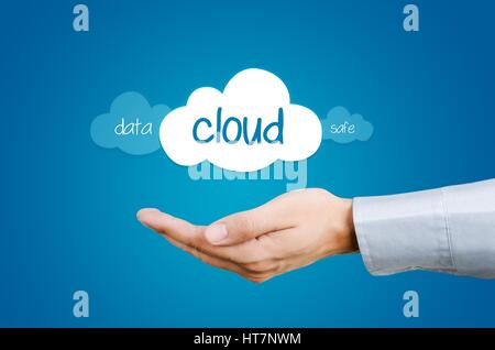 Il cloud computing composizione - canto e nuvole con dati e parole sicuro Foto Stock