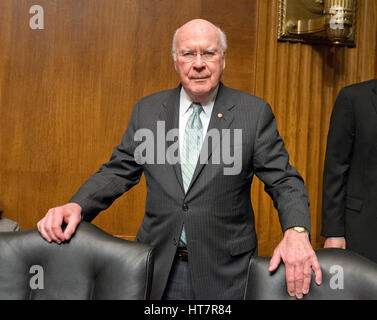 Washington, Stati Uniti d'America. 7 Mar, 2017. Stati Uniti il senatore Patrick J. Leahy (Democratico del Vermont) assiste il Senato degli Stati Uniti Comitato sulla magistratura udienza per la presentazione di candidature del Procuratore statunitense per il distretto del Maryland asta J. Rosenstein da vice procuratore generale e Rachel L. Marca, membro del consiglio di amministrazione, la privacy e le Libertà Civili Organismo di Vigilanza, di Iowa, da associare il procuratore generale al Campidoglio di Washington DC martedì 7 marzo, 2017. Credito: MediaPunch Inc/Alamy Live News Foto Stock