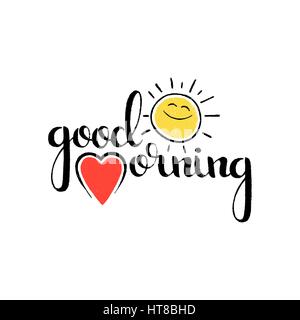 Buona mattina caratteri scritti a mano. Vettore moderno disegnato a mano la calligrafia con il cuore e con la divertente sorridente sun isolati su sfondo bianco per il vostro design Illustrazione Vettoriale