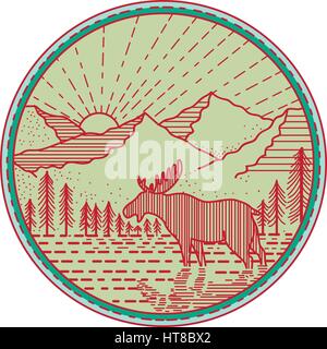 Ingresso linea mono illustrazione di un alce visto dal lato con il fiume di montagna e sun burst in background imposta cerchio interno fatto in stile retrò. Illustrazione Vettoriale