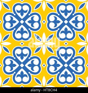 Piastrelle spagnolo pattern, Marocchina e piastrelle portoghesi seamless design in blu scuro e giallo Illustrazione Vettoriale