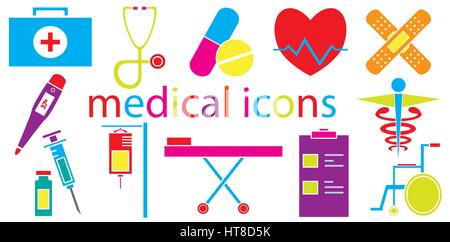 Colorato set di icone mediche vettore isolato in uno sfondo bianco. Illustrazione Vettoriale