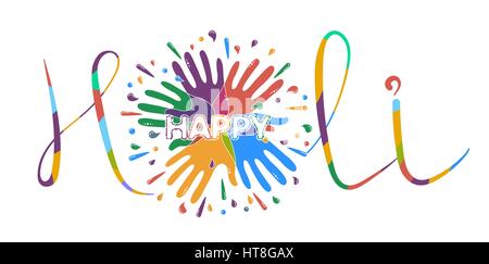 Banner sulla festa di santo, in forma di mani colorate e spruzzi. lettering happy holi. Icona di un tipo piatto Illustrazione Vettoriale
