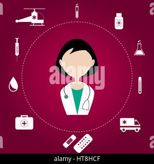 Medico donna circondata da icone di medici. Assistenza medica professionale in camice bianco con stetoscopio. Health care concetto. Ambulanza, elicottero.vettore Illustrazione Vettoriale