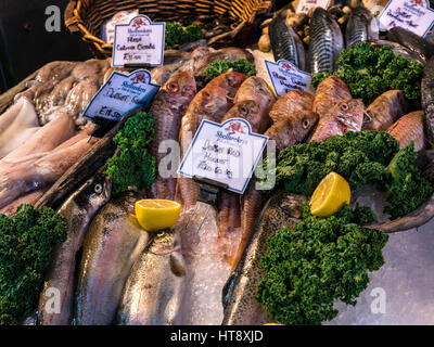 Freschi frutti di mare Britannica varietà sul mercato pescivendoli stallo, esposte per la vendita al mercato di Borough London REGNO UNITO Foto Stock
