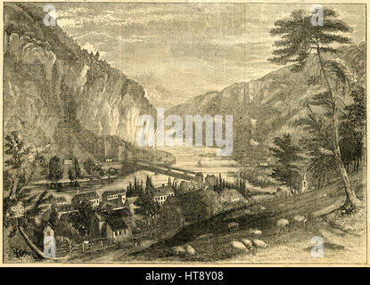 Antica incisione 1854, 'vista di Harper's Ferry, West Virginia.' harpers Ferry è una città storica in Jefferson county, West Virginia, Stati Uniti, situato alla confluenza del fiume Shenandoah e il fiume Potomac. Fonte: incisione originale. Foto Stock