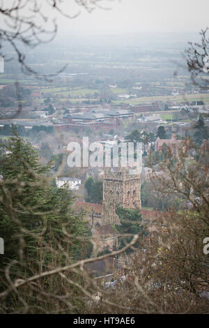 Una vista di Great Malvern Priory, Worcestershire, Inghilterra Foto Stock