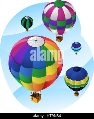 I palloni ad aria calda nel cielo, con cinque diversi tipi di palloncini di aria in diversi colori e dimensioni che vanno fino al cielo. Illustrazione Vettoriale cartoon con sky Foto Stock