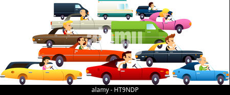 Inceppamento di traffico con il cartoon automobili e veramente arrabbiato e irritato i caratteri. Illustrazione Vettoriale Cartoon. Foto Stock