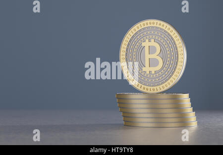 Pila di oro e argento bitcoins come esempio per crypto-valuta nella parte anteriore del sfocato sfondo blu Foto Stock