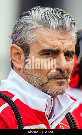 Barcellona, Spagna. Il 27 febbraio, 2017. La Ferrari del team leader Maurizio Arrivabene dall'Italia, fotografato durante il test prima che la nuova stagione di Formula Uno sul Circuito de Catalunya gara treak vicino a Barcellona, Spagna, 27 febbraio 2017. Tutti i team di F1 prova le loro nuove vetture da corsa durante le prossime due settimane in Spagna. La nuova Formula Uno stagione inizia il 26 marzo 2017 in Australia. Foto: Jens Büttner/dpa-Zentralbild/ZB/dpa/Alamy Live News Foto Stock