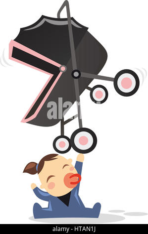 Il supereroe bambino felicemente tenendo un passeggino con una sola mano, con super forza potenza. Inoltre con un buggy nero e blu costume bambino illustrazione vettoriale Foto Stock