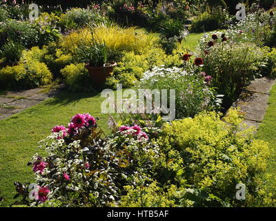 Chenies Manor sunken garden, Buckinghamshire. Sole serale enhanced i colori del fogliame, Lady del mantello e rosa scuro dalie aggiunta alla loro bellezza. Foto Stock