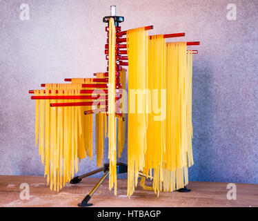 Self-made tagliatelle italiano appeso su una pasta stendino. Foto Stock