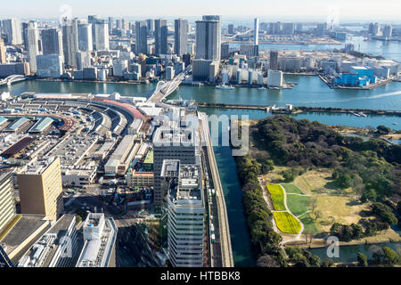 Vista aerea del mercato del pesce Tsukiji di Shiodome, Minato, Tokyo. Foto Stock